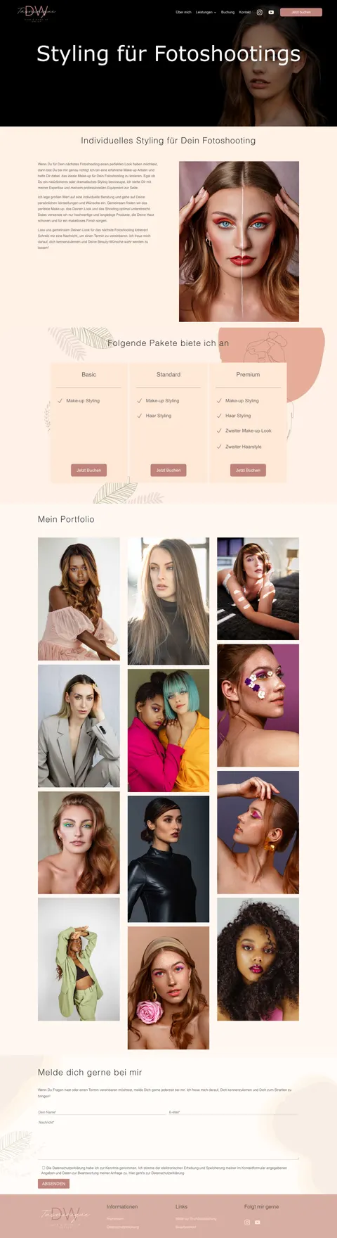 Seite „Styling für Fotoshootings“ mit Paketen und Portfolio