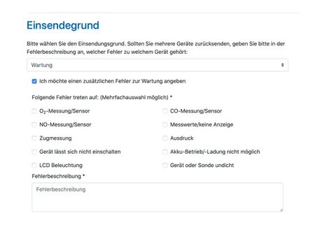 Auswahl des Einsendegrunds und der aufgetretenen Fehler