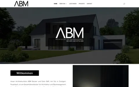 Kopfbereich der Website von ABM mit Logo über dem Foto eines Wohnhauses
