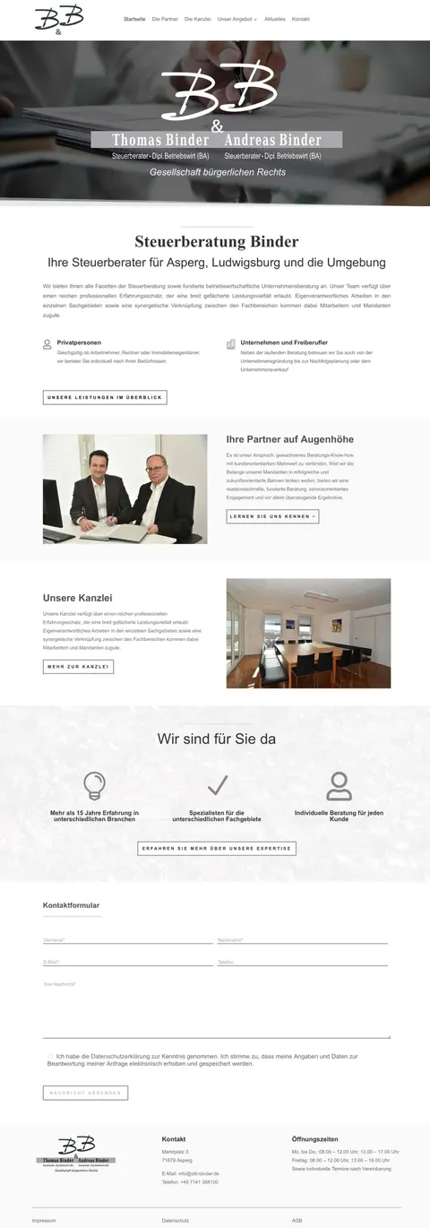 Komplette Startseite der Steuerberatung Binder