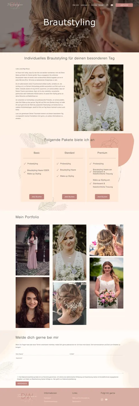 Seite „Brautstyling“ mit Paketen inklusive Probestyling und Portfolio