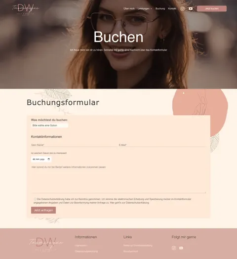 Buchungsseite mit Formular für Leistung, Wunschdatum und Nachricht