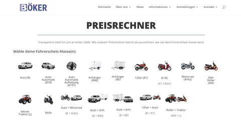 Preisrechner der Fahrschule Böker mit Auswahl der Führerscheinklasse
