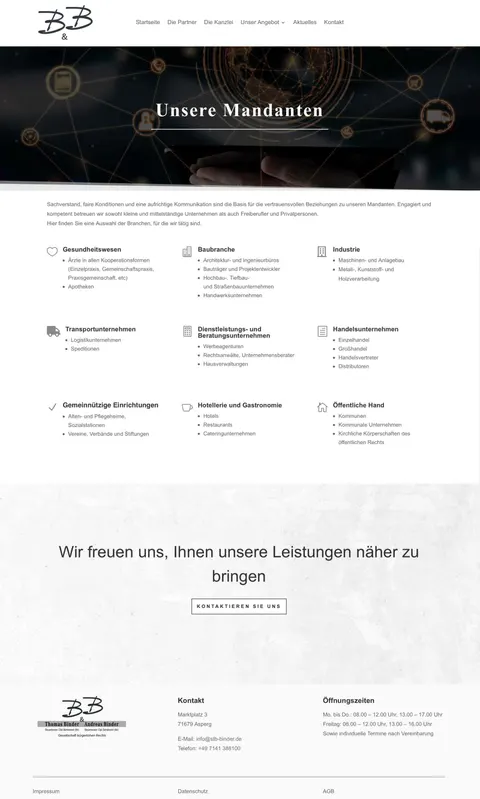 Seite „Unsere Mandanten“ mit den betreuten Branchen