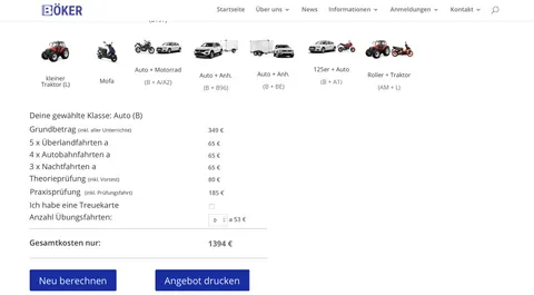 Aufgeschlüsselter Gesamtpreis mit den Buttons „Neu berechnen“ und „Angebot drucken“