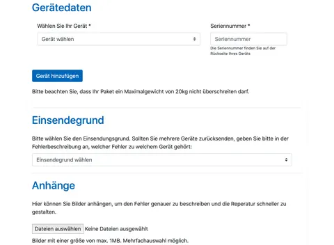 Formularschritt „Gerätedaten“ mit Geräteauswahl und Seriennummer
