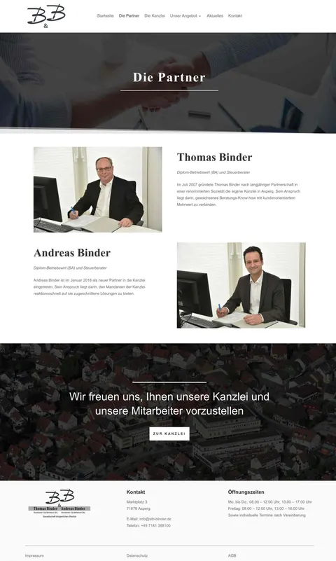 Seite „Die Partner“ mit Vorstellung von Thomas und Andreas Binder