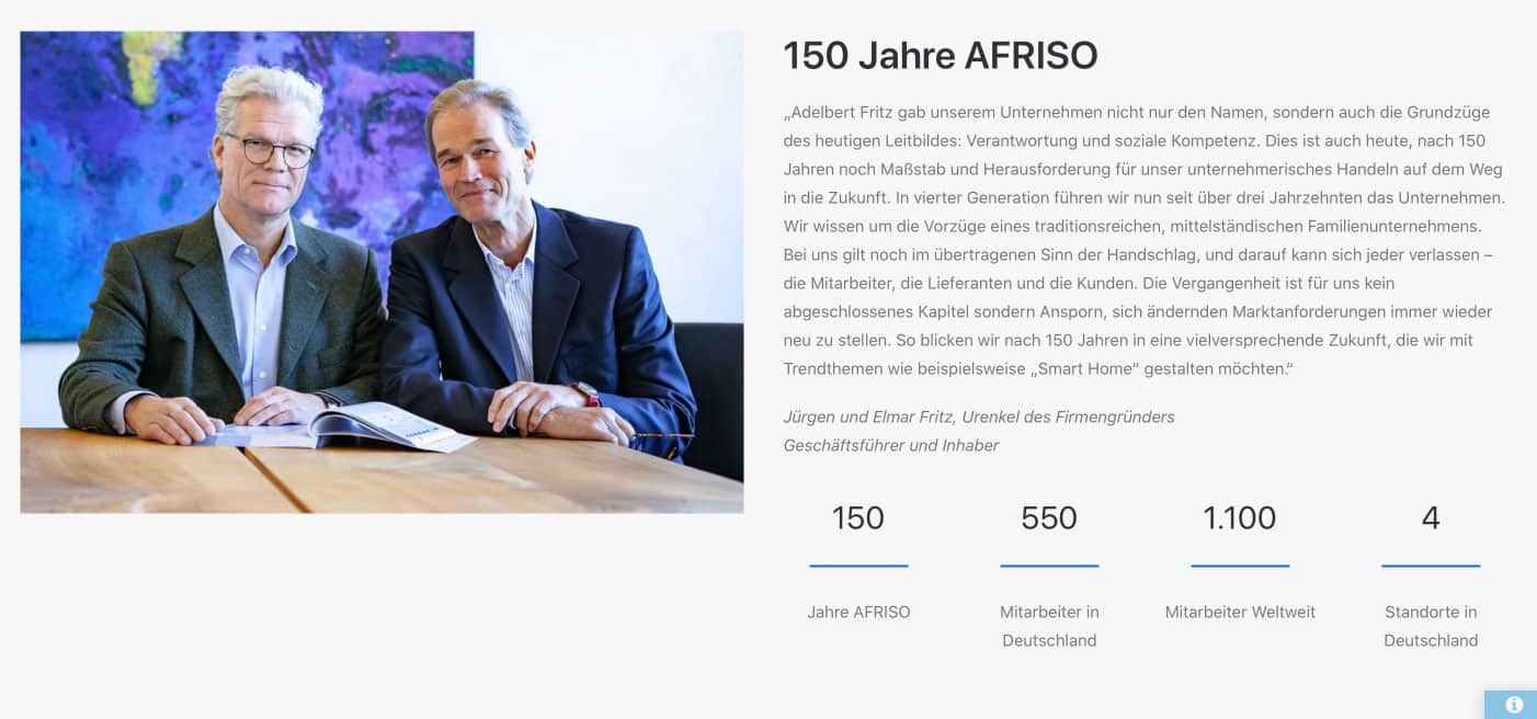 Webdesign der 150 Jahre Afriso Jubiläumsseite
